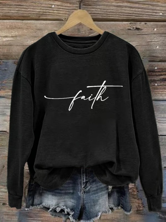 Women's Christian Cross Printed Round Neck Long Sleeve Sweatshirt