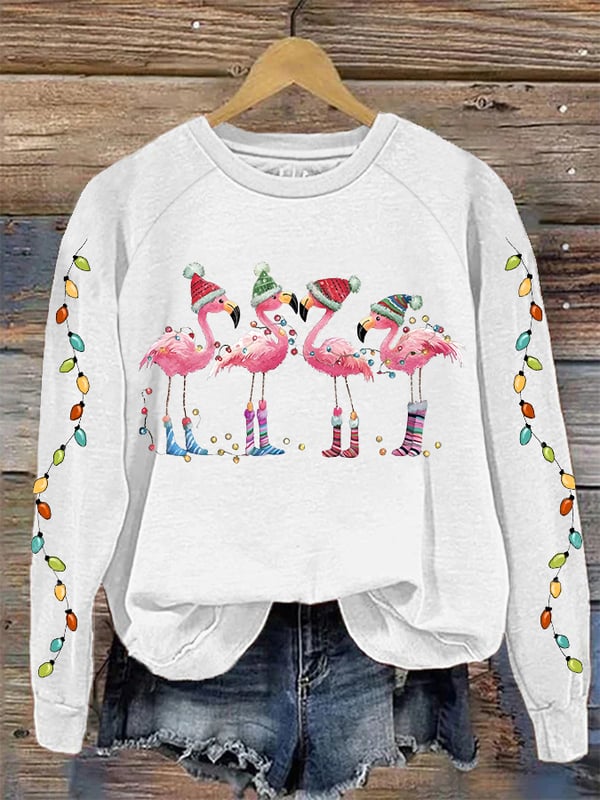 Lässiges Sweatshirt mit Weihnachts-Flamingo-Print für Damen