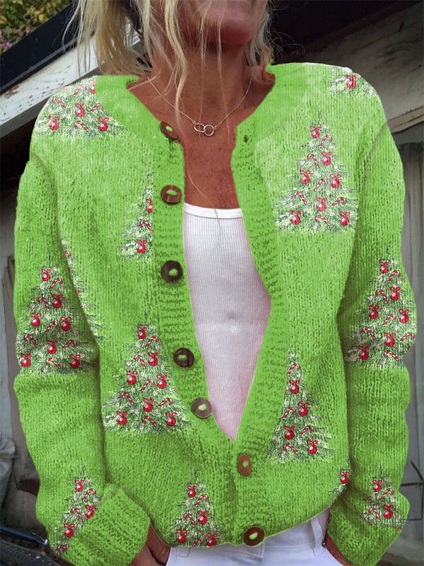 Women's Christmas Tree Print Knitted Cardigan