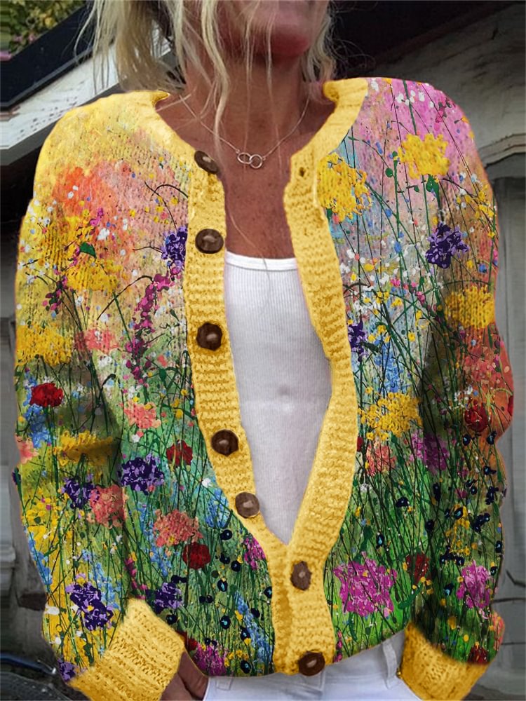 Damen Wildblumen Ölgemälde Kunst Gemütliche Strickjacke