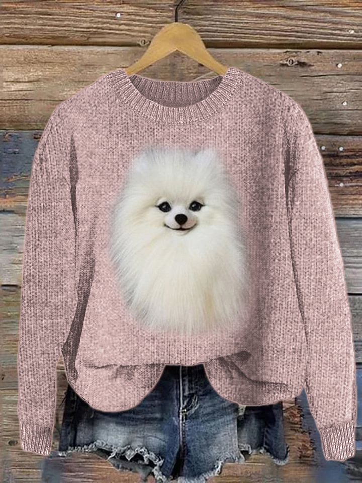 White Pom Dog Plush Cozy Knit Sweater