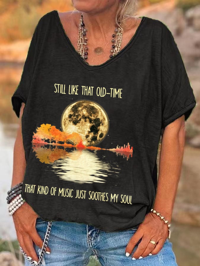 V-neck Retro Still Like That Old Time Rock 'N' Roll That Kind Of Music Just Soothes The Soul Print T-Shirt