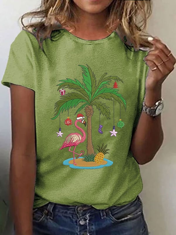 Women'S Christmas Palm Tree Flamingo Embroidery Print Casual Round Neck T-Shirt