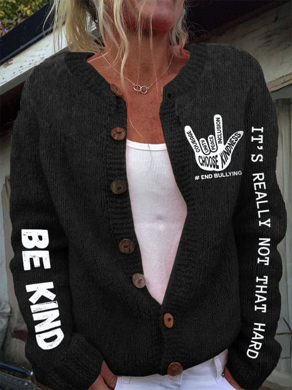 Retro Bullying Prevention Awareness Be Kind It's Really Not That Hard Love Hand Sign End Bullying Print Buttons Cardigan Sweater