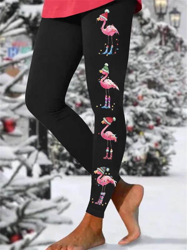 Women's Christmas Flamingo Print Skinny High Stretch Leggings