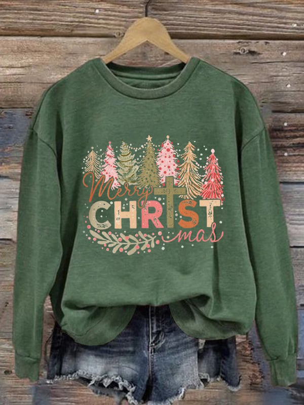 Women's Merry Christmas Printed Long Sleeve Crewneck Sweatshirt