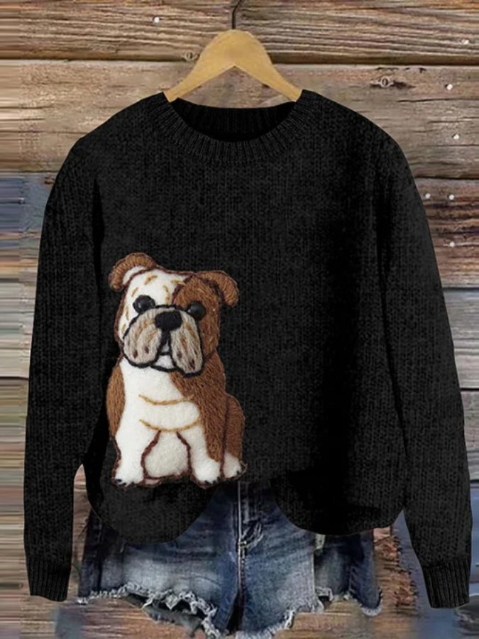 Cute Bulldog Applique Embroidery Cozy Sweater