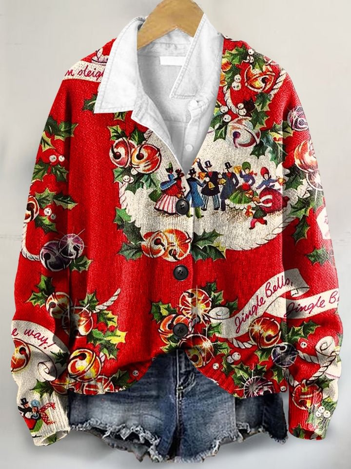 Cute Christmas Pattern Art Print Buttoned V-neck Cardigan Sweater