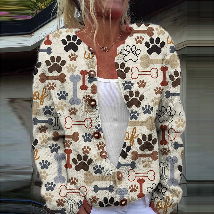 Dog Paw Print Long Sleeve Knitted Cardigan