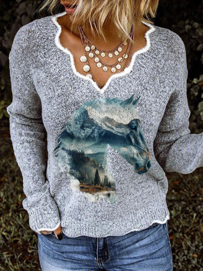 Women's Vintage Wild Horse Print Casual Sweater