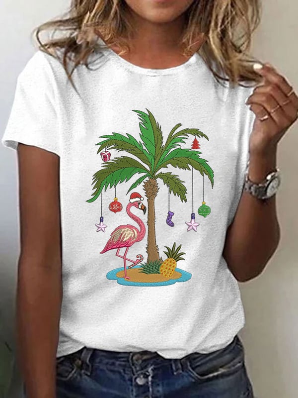 Women'S Christmas Palm Tree Flamingo Embroidery Print Casual Round Neck T-Shirt