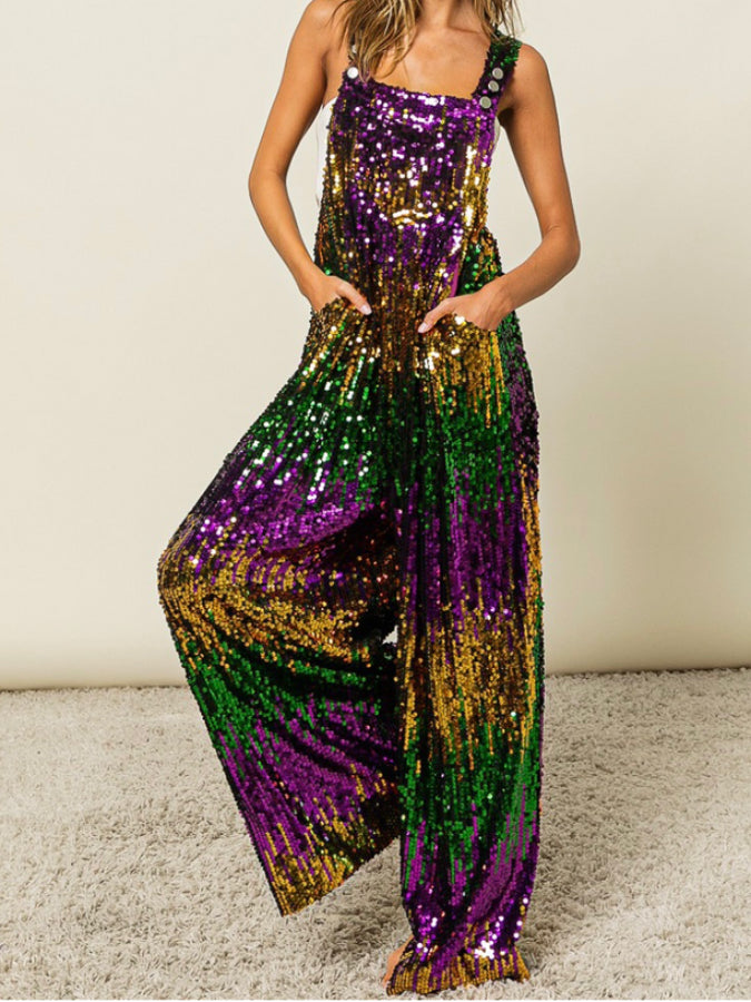 Women's Sequin Mardi Gras Overalls