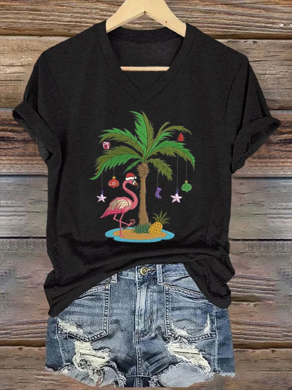 Women's Christmas Palm Tree Flamingo Embroidery Print T-Shirt