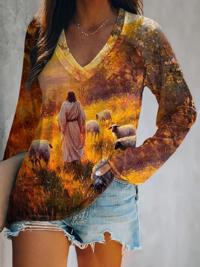 Women's Jesus The Good Shepherd Print V-Neck T-Shirt