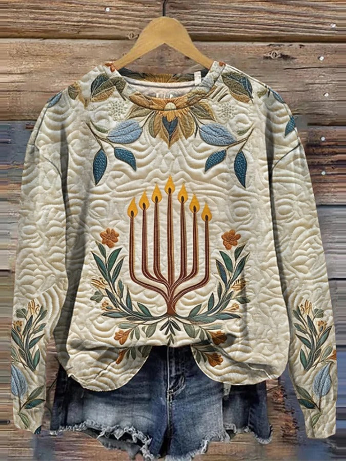 Women's Hanukkah Print Crew Neck Casual Sweatshirt