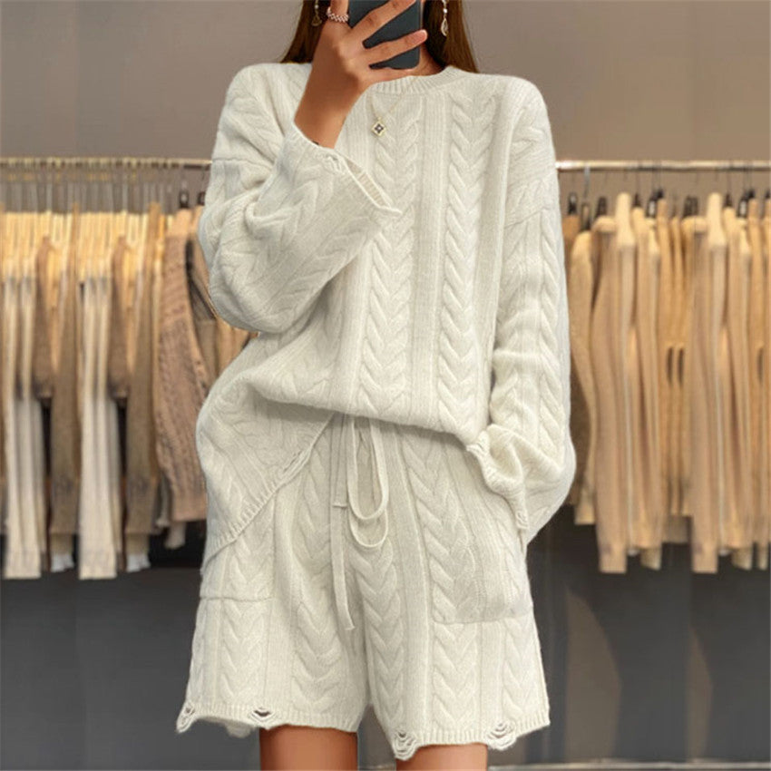 Women's Solid Color Round Neck Sweater Shorts Two-piece Set