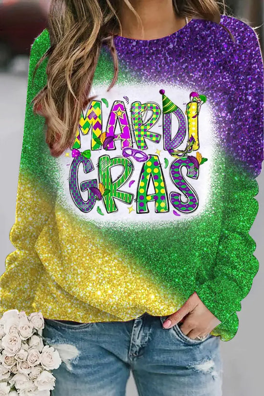 Glitter Mardi Gras Carnival Mask King Polka Bleached Print Sweatshirt