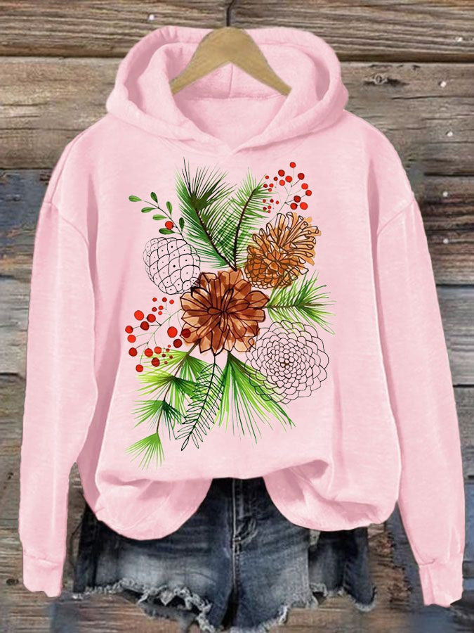 Women's Christmas Pine Nut Print Hooded Sweatshirt