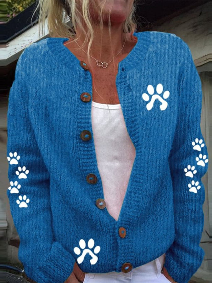 Cute Paw Print Long Sleeved Knitted Cardigan