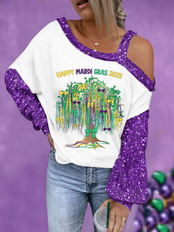 Women's Glitter Mardi Gras Beads Tree Print Off-Shoulder Long-Sleeve Top