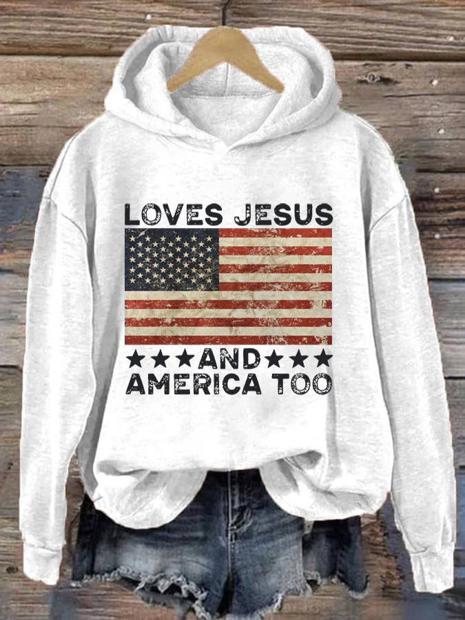 Lässiger Kapuzenpullover mit Aufdruck „Loves Jesus and America Too“ für Damen