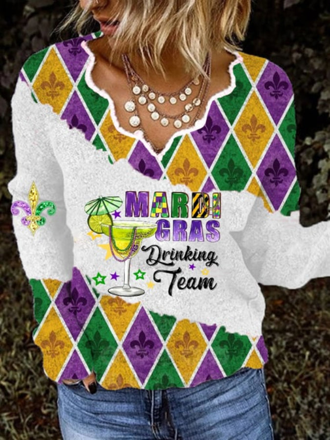 Women's Mardi Gras Drinking Team Printed Knit Top