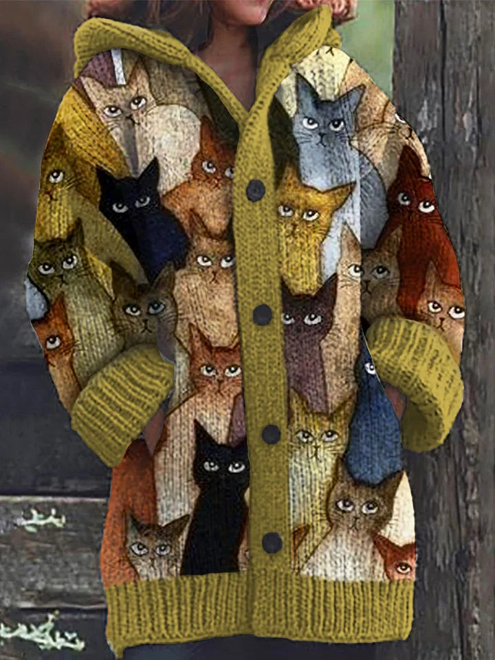 Colorful Cats Pattern Cozy Hooded Cardigan