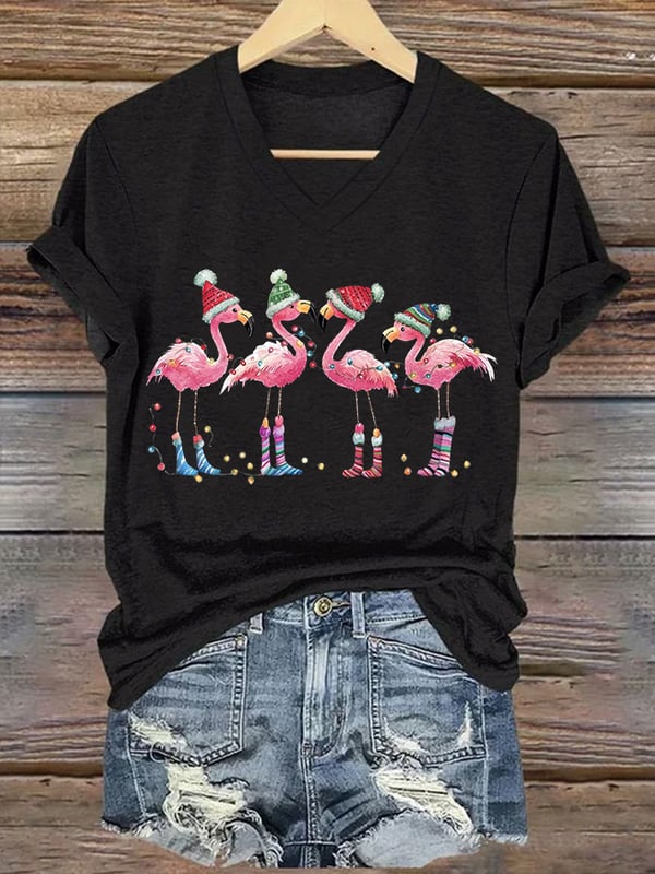 Damen T-Shirt mit V-Ausschnitt und weihnachtlichem Flamingo-Print