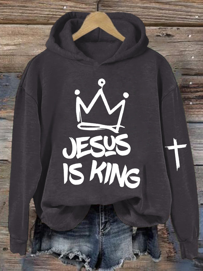 Women's Jesus Is King Cross Printed Casual Hoodie