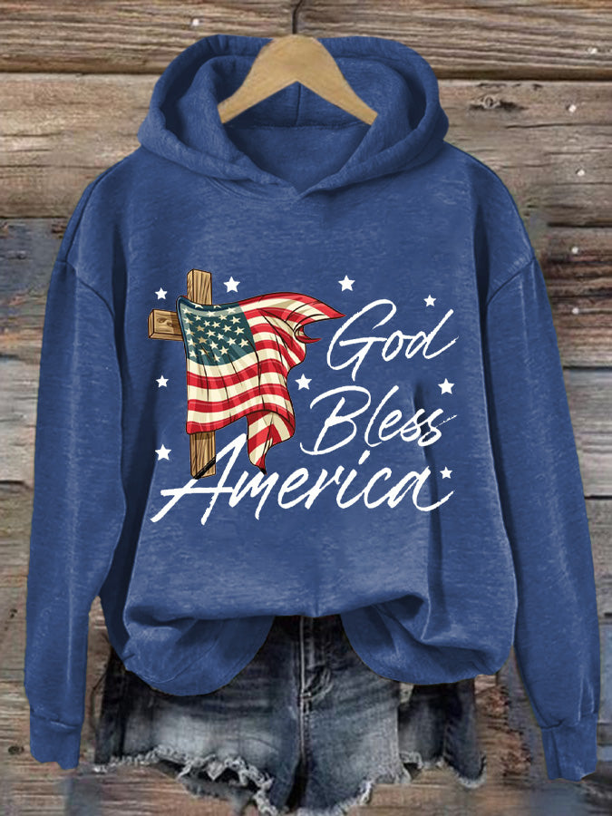 Lässiger Kapuzenpullover mit „God Bless America“-Aufdruck für Damen