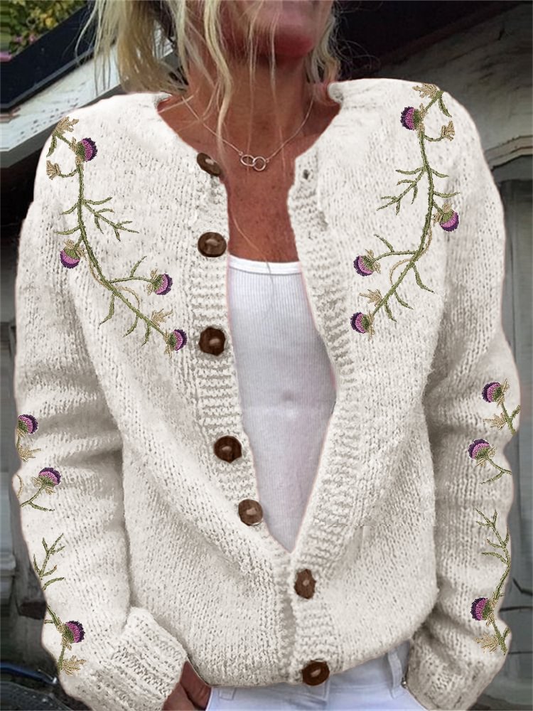 Scotland Thistle Vines Embroidered Cozy Knit Cardigan