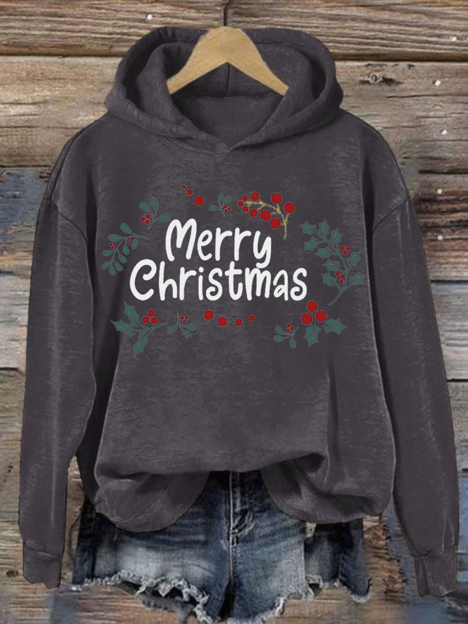 Women's Christmas Holly Print Hooded Sweatshirt