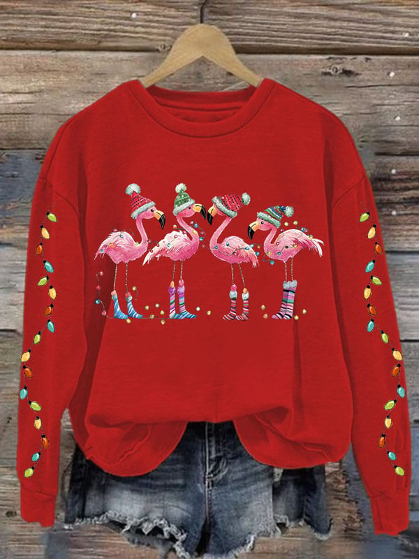 Women's Christmas Flamingo Print Crewneck Sweatshirt