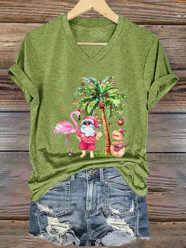 Women's Christmas Palm Tree Flamingo Print V-Neck T-Shirt