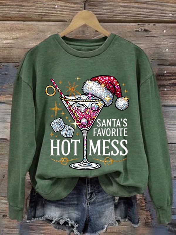 Women's Christmas Santa's Favorite Hot Mess Printed Crew Neck Sweatshirt