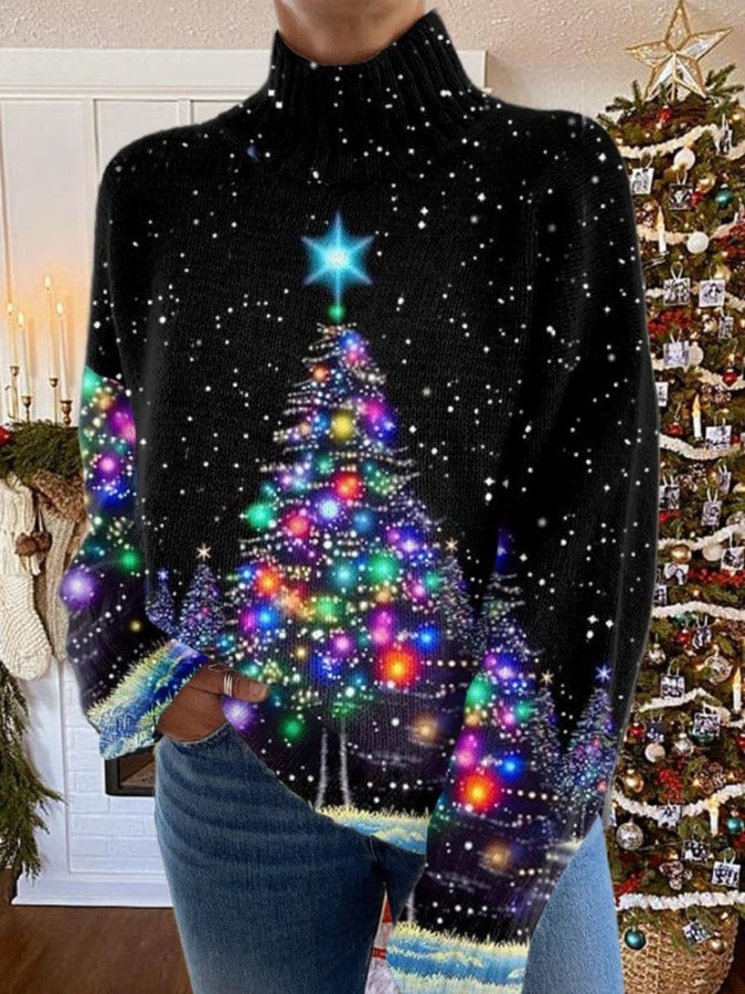 Rollkragenpullover aus Strick mit glitzerndem Weihnachtsdruck für Damen