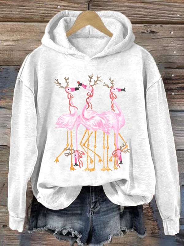 Women's Christmas Flamingo Print Casual Hoodie