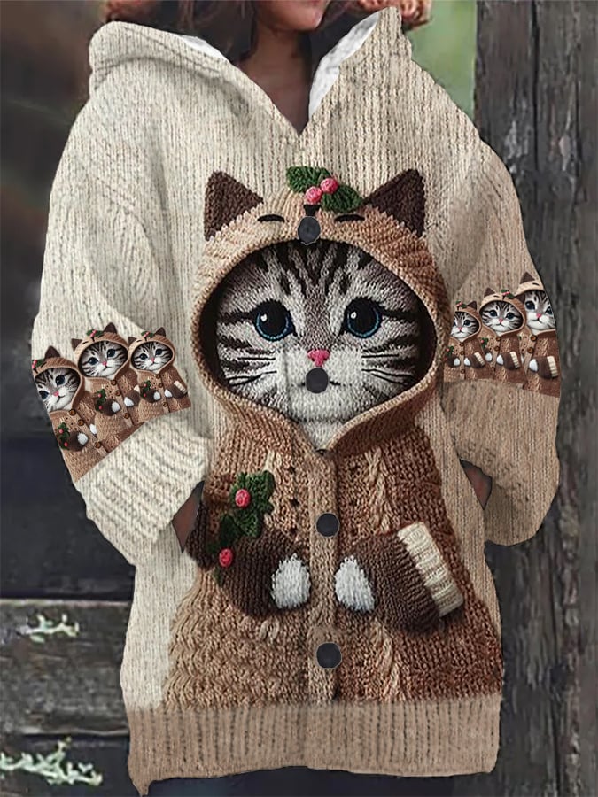 Knitted Vintage Cat Print Plush Jacket