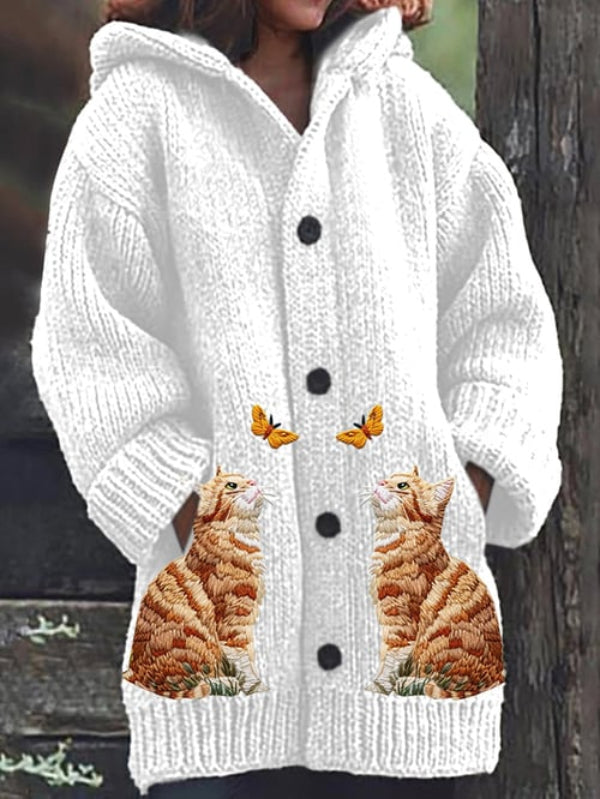 Women's Cute Cat Butterfly Print Loose Casual Sweater Hooded Jacket