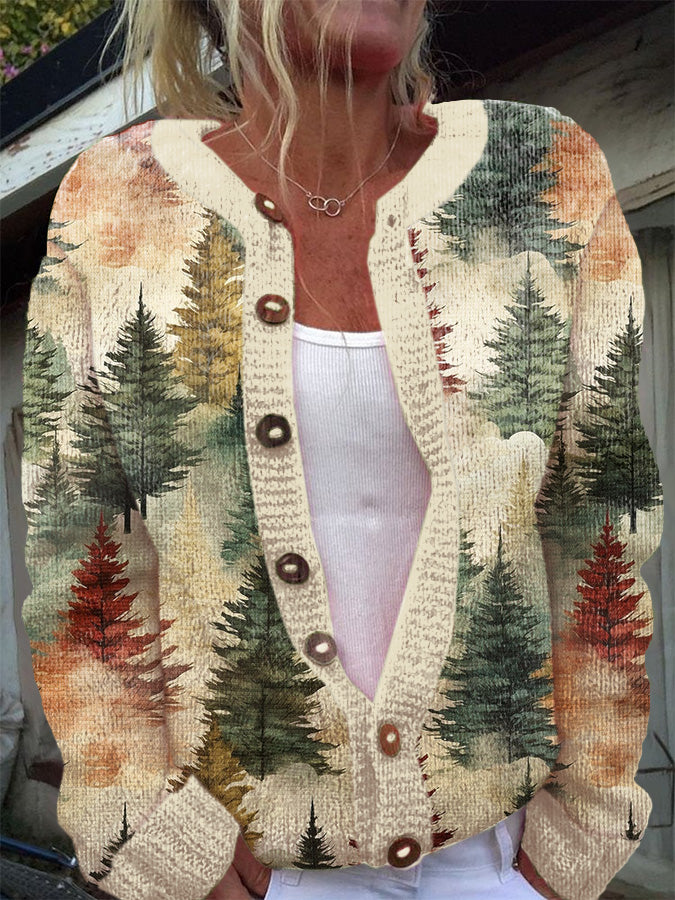 Strickjacke mit Weihnachtsbaum-Print für Damen