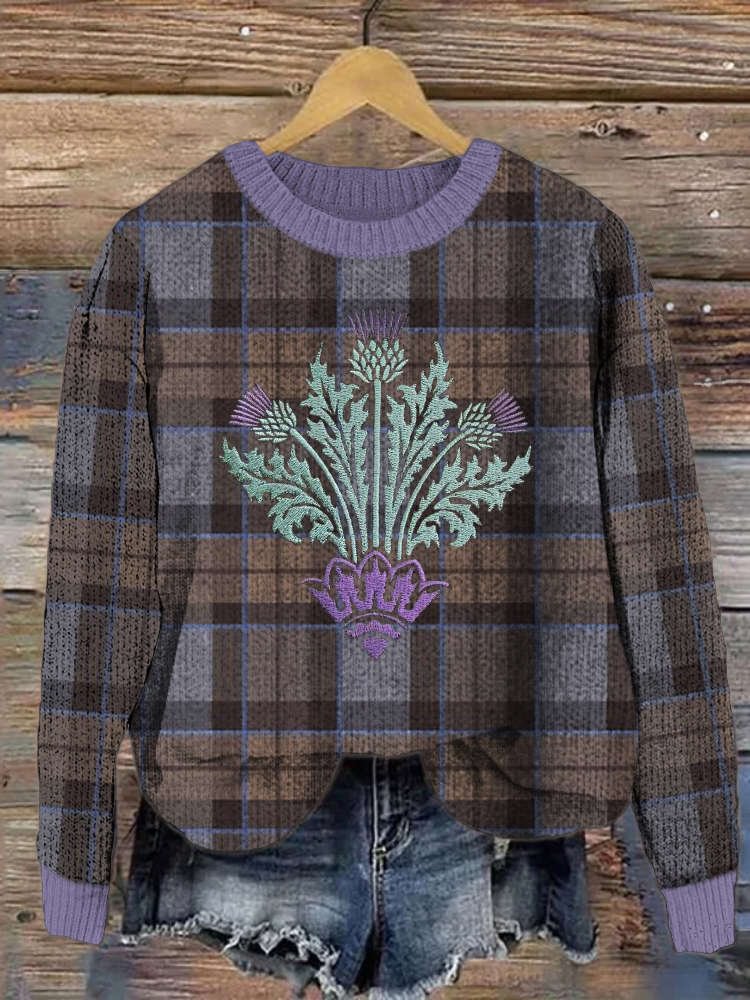 Vintage Scottish Thistle Embroidered Women's Knit Sweater