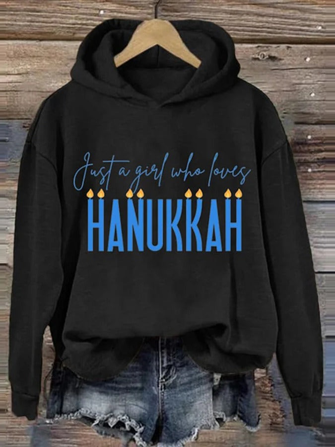 Women's Just A Girl Who Likes Hanukkah Print Long Sleeve Hoodie