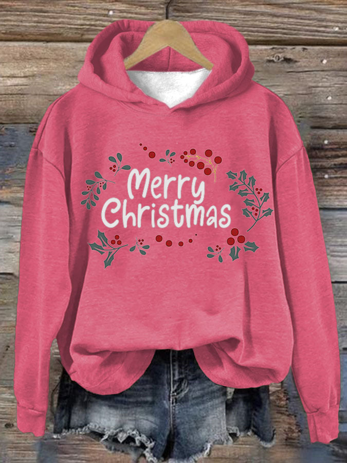 Women's Christmas Holly Print Hooded Sweatshirt