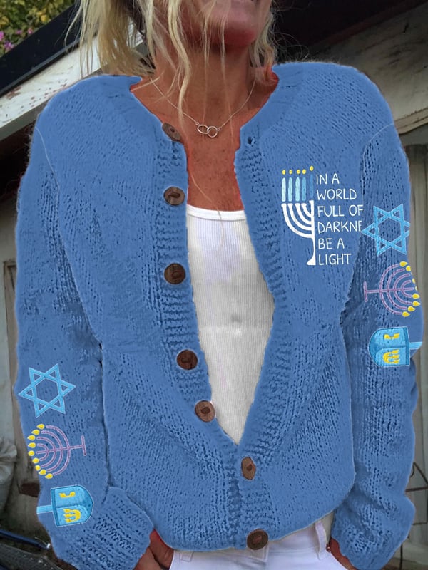 Women's In A Wolrd Full of Darkness Be A Light Hanukkah Knit Cardigan