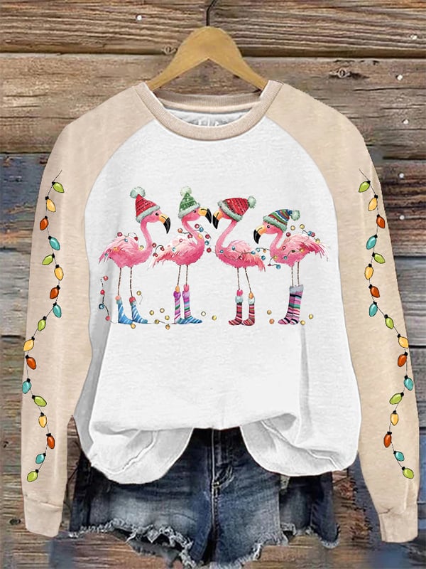 Lässiges Sweatshirt mit Weihnachts-Flamingo-Print für Damen