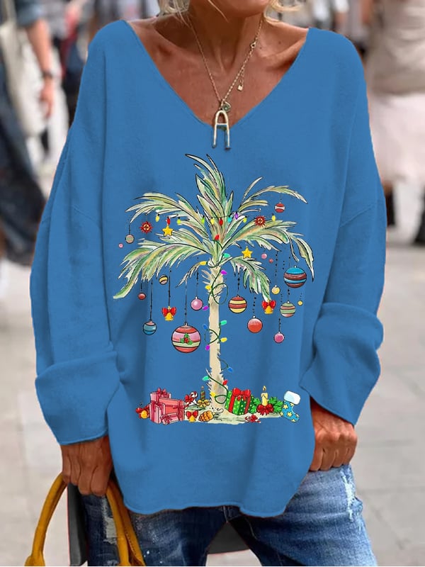 Women's Christmas Palm Tree Printed V-Neck Top