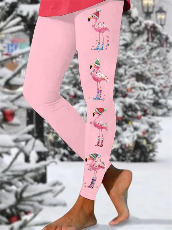 Kvinnors jul flamingo tryck smala högstretch leggings