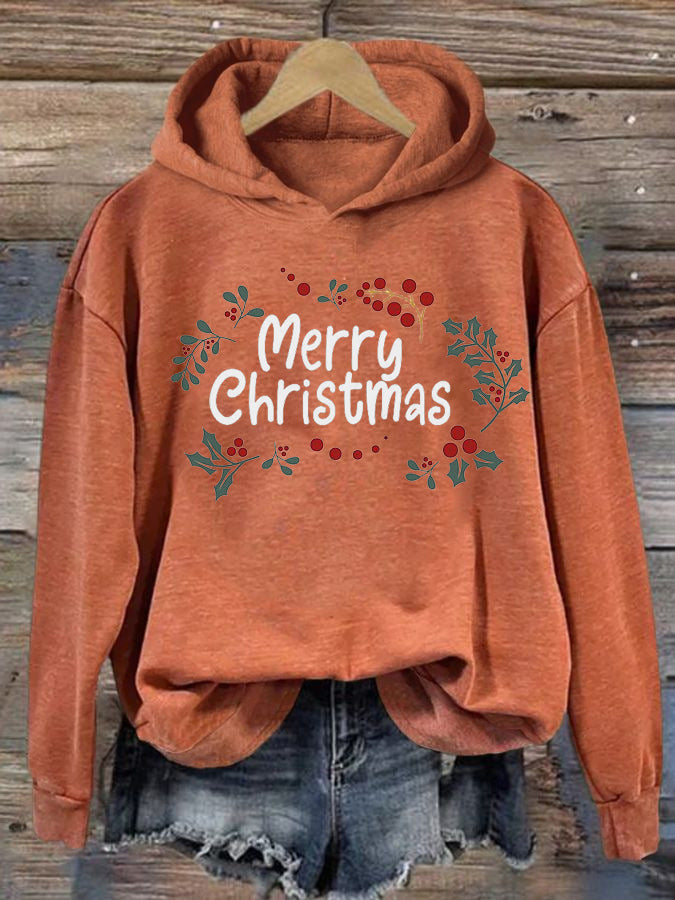 Women's Christmas Holly Print Hooded Sweatshirt