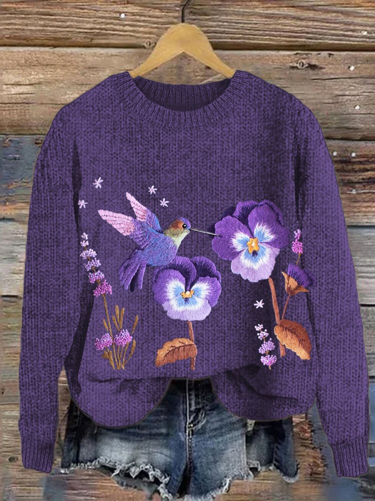 Women's Hummingbird & Purple Floral Hand Embroidered Cozy Sweater