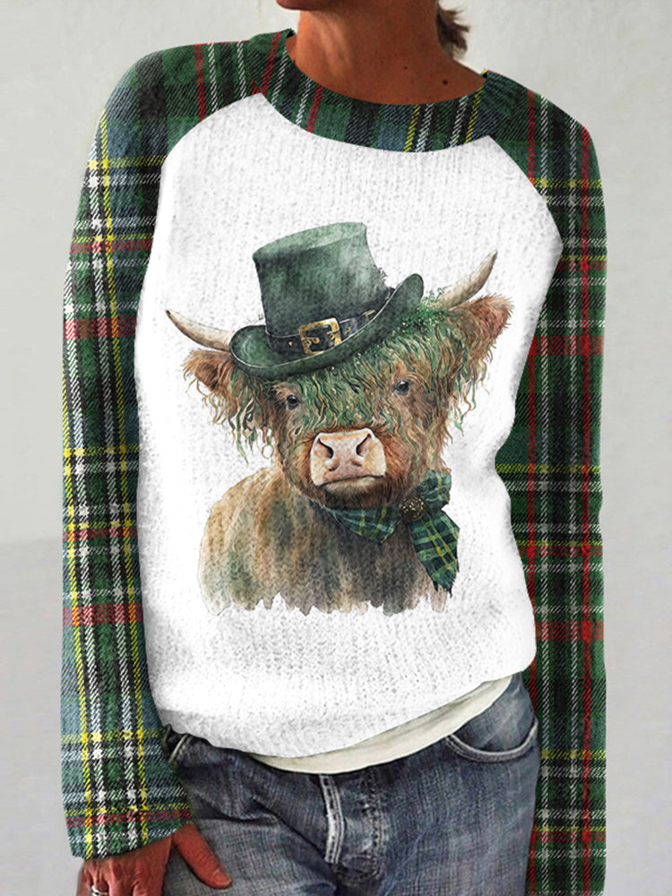 Women's Highland Cow Watercolor Plaid Print Casual Sweater